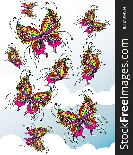 Vector illustration of beautiful coloured butterflies flying in the sky. Vector illustration of beautiful coloured butterflies flying in the sky