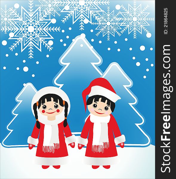 New Year, Christmas, little girl with a boy dressed as Santa Claus and Snow Maiden. New Year, Christmas, little girl with a boy dressed as Santa Claus and Snow Maiden