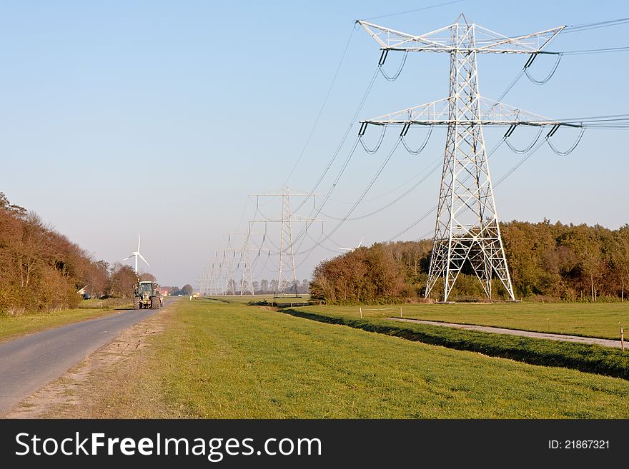 Electricity pylons in Dutch farmland