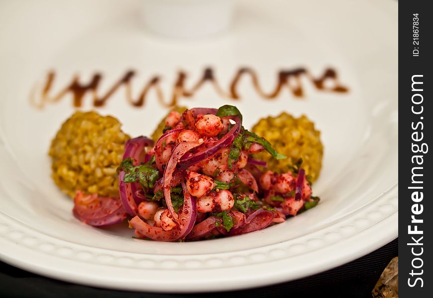 Delicious shrimps salad and rice.