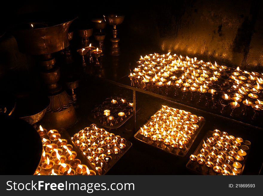 Prayer lamps in a Buddhist monastery