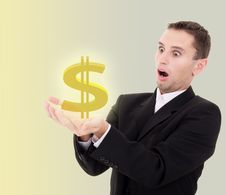 Businessman Chooses Golden US Dollar Sign Stock Image Businessman Chooses Golden US Dollar Sign Stock Image