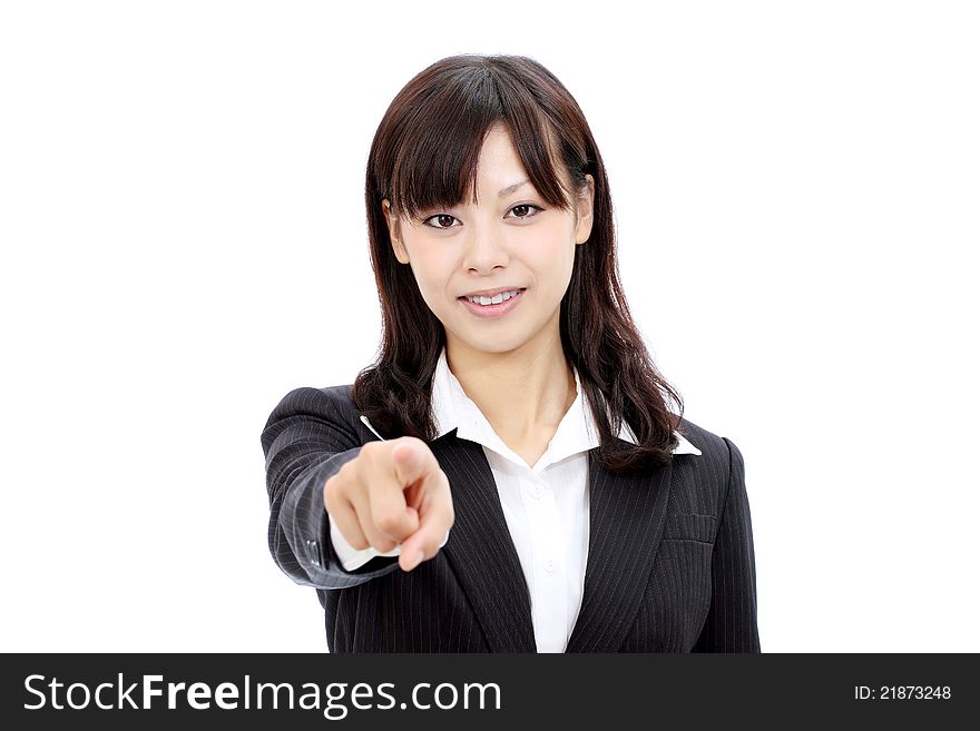 Smiling asian  business woman rise hand and pointing. Smiling asian  business woman rise hand and pointing