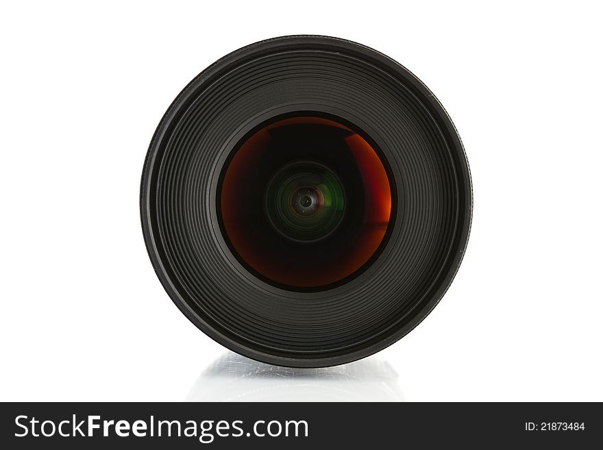 Front view of camera lens on white background