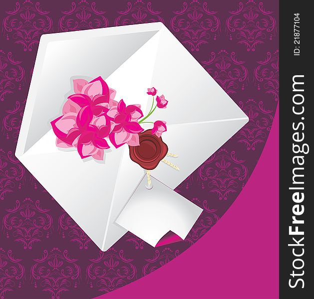 Holiday envelope with flowers on the decorative background. Illustration