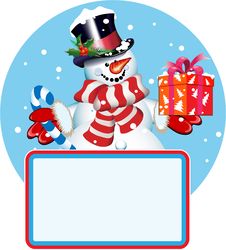 Blank Sign. Snowman With Gift Royalty Free Stock Photos