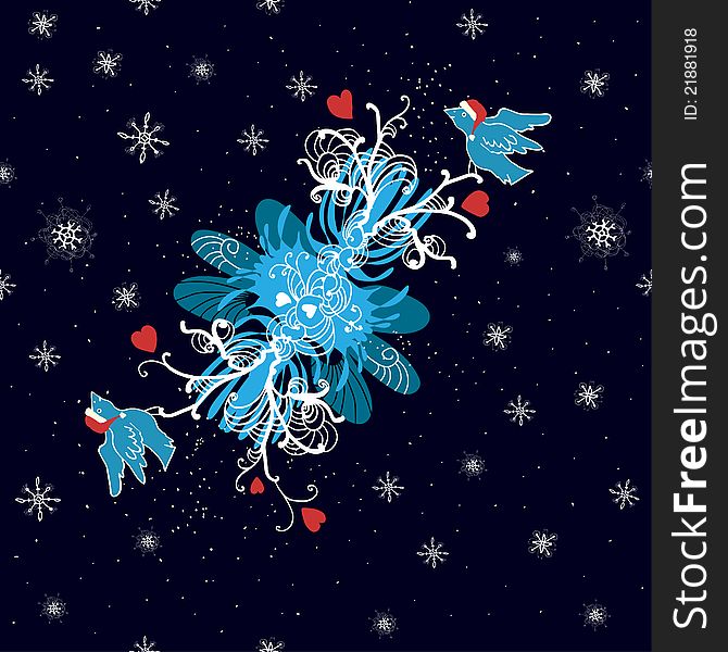 Seamless pattern background with doodle birds in Santa`s hats, red hearts, snowflakes and abstract blue wings of dragonfly. Seamless pattern background with doodle birds in Santa`s hats, red hearts, snowflakes and abstract blue wings of dragonfly