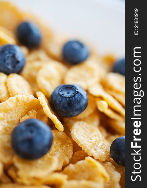 Corn flakes with fresh bilberry. Close up shot