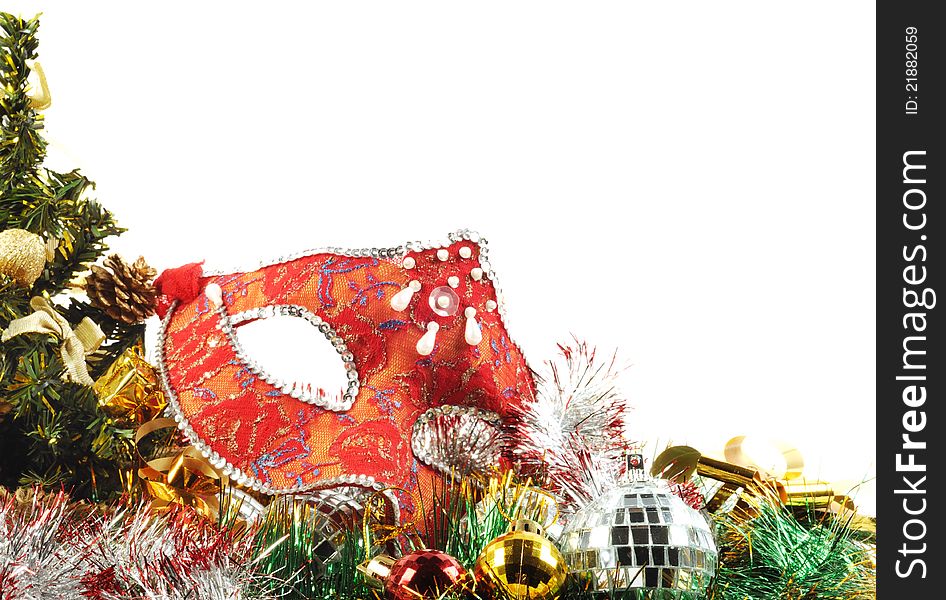 Christmas  decoration with tree, gifts and red carnival  mask on a white background. Christmas  decoration with tree, gifts and red carnival  mask on a white background