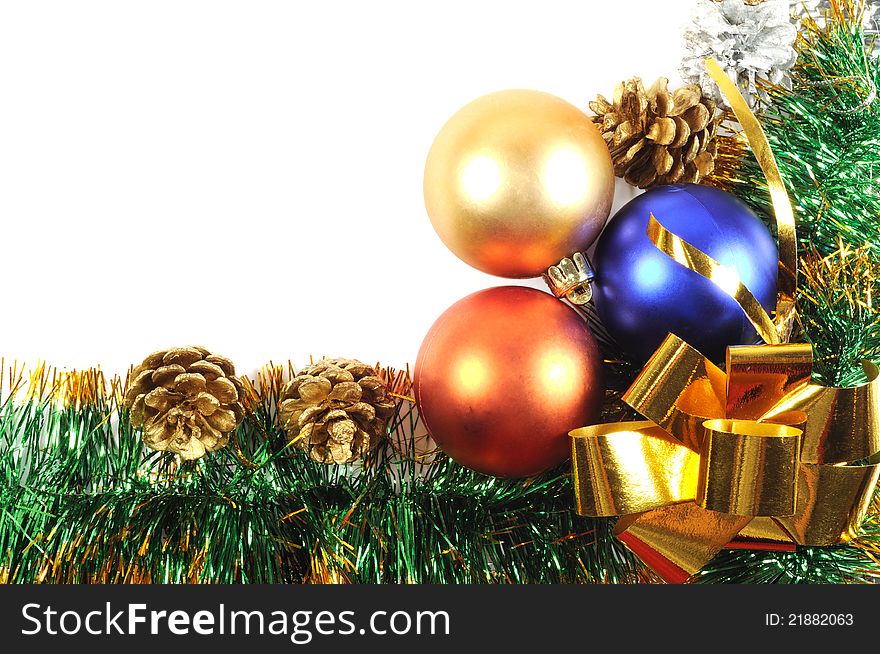 Christmas decor with golden fir cone and colorful balls. Christmas decor with golden fir cone and colorful balls