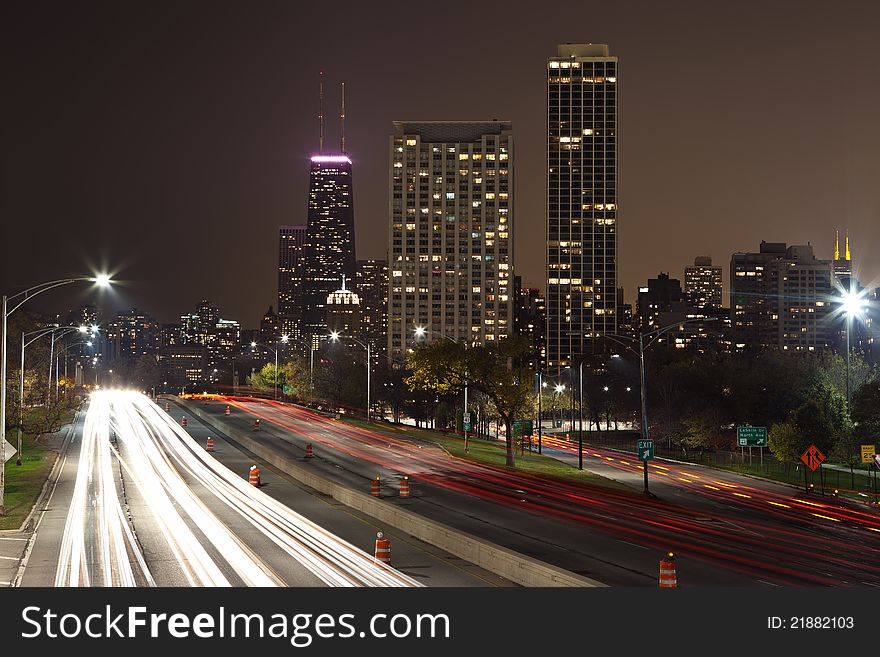 Image of Lake Shore Drive Highway leading to the city of Chicago at night. Image of Lake Shore Drive Highway leading to the city of Chicago at night.