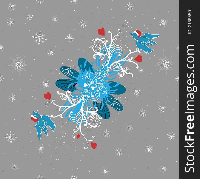 Winter background with doodle birds, hearts and