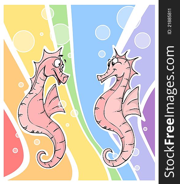 Gay seahorses and rainbow flag background