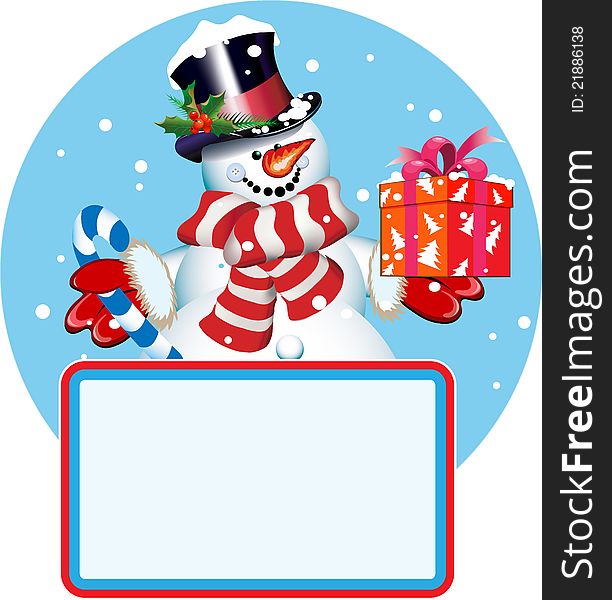 Blank sign. Snowman with gift for your design