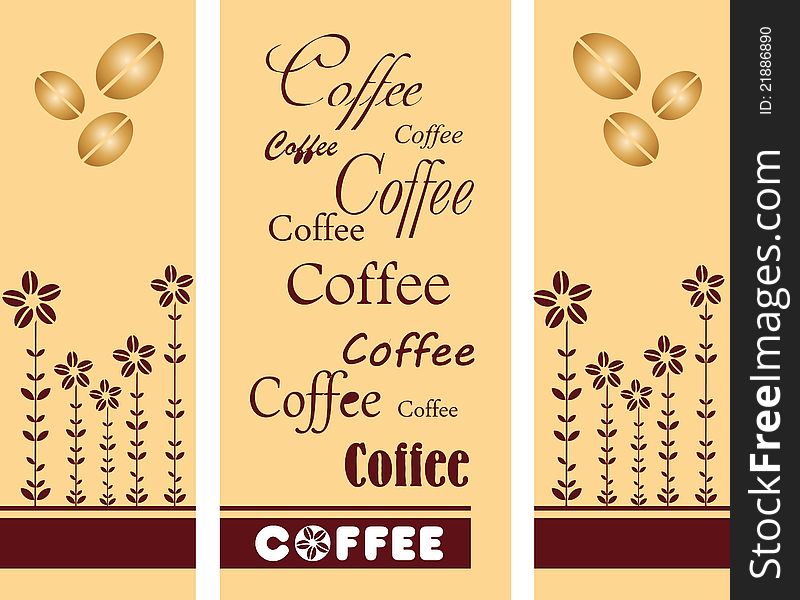 Pattern of coffee beans and letters on a beige background greeting card of three parts