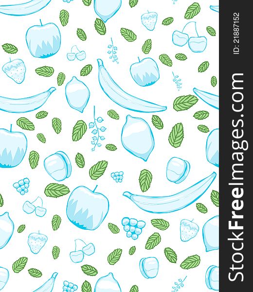 Seamless pattern with fruit-shaped ice and fresh mint. Seamless pattern with fruit-shaped ice and fresh mint.