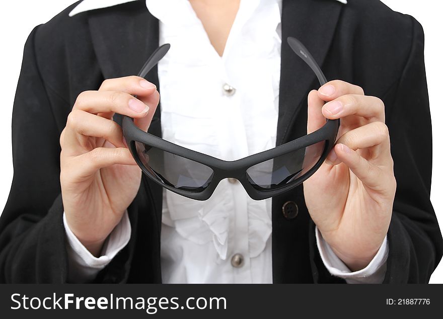 Closeup image of business woman pickup her sun glass on white background. Closeup image of business woman pickup her sun glass on white background