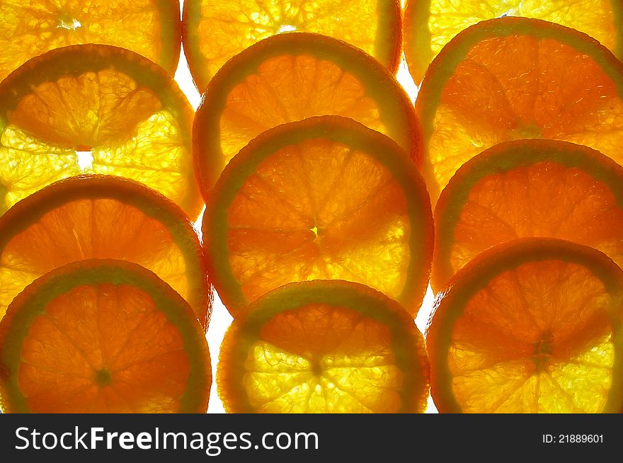 Oranges for juicing, finely sliced. Oranges for juicing, finely sliced