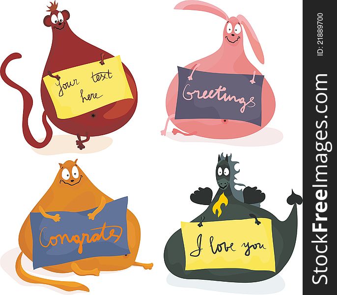Cute Plumpy Animals With Banners In Vector