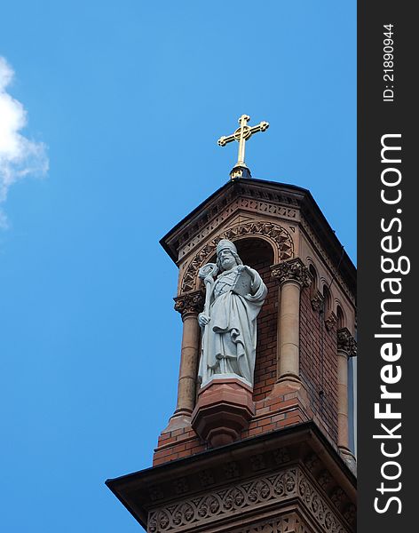 Figure with steeple and cross on blue sky. Figure with steeple and cross on blue sky