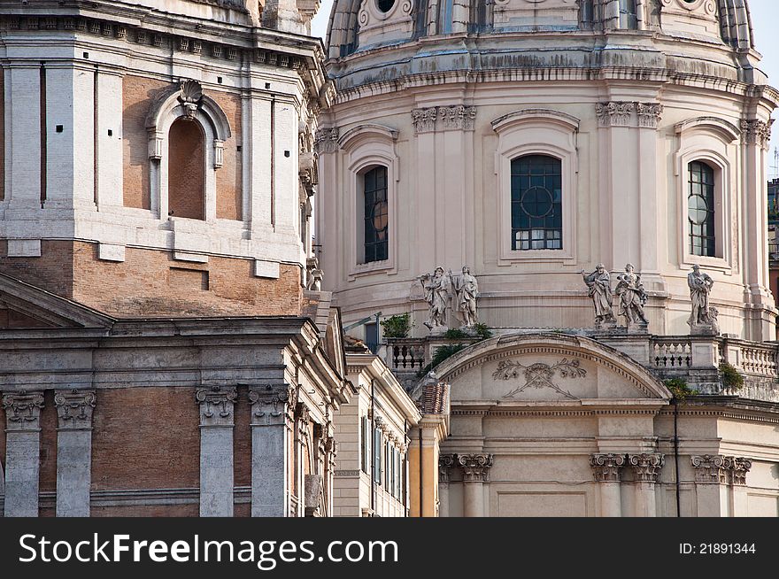 Architectural detail of historic buildings near the Trajan Forum in Rome, Italy. Architectural detail of historic buildings near the Trajan Forum in Rome, Italy.