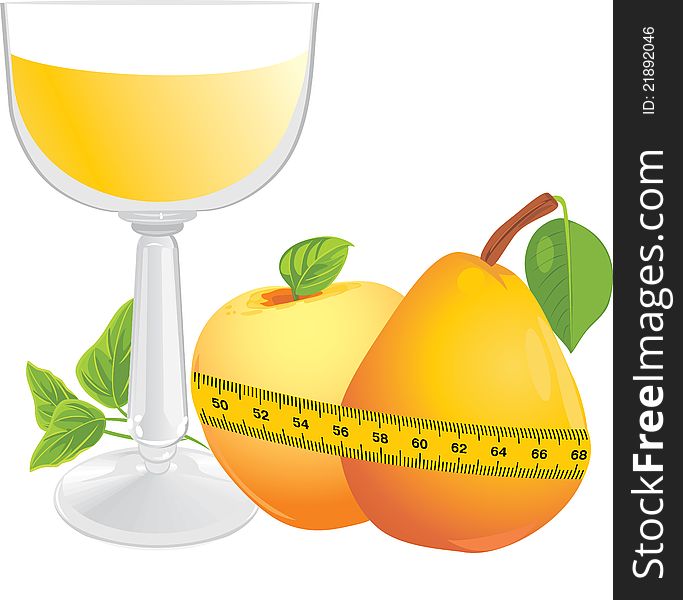 Glass with juice, fruits and measuring tape. Illustration