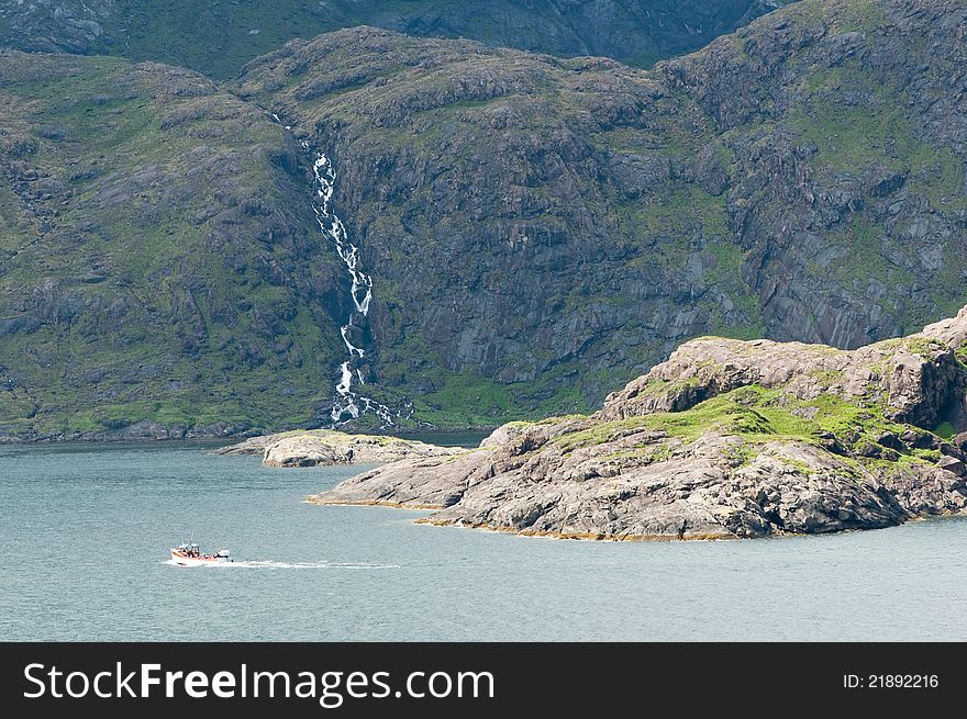 Beautiful landscape with green mountains , waterfall and sea. Beautiful landscape with green mountains , waterfall and sea