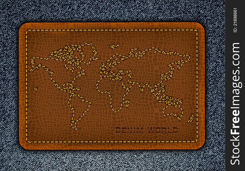 World map on aleather label. Realistic vector denim background.