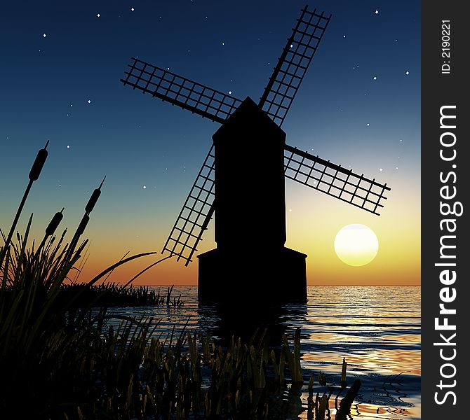 3d render of an ancient windmill in a dreamy lagoon