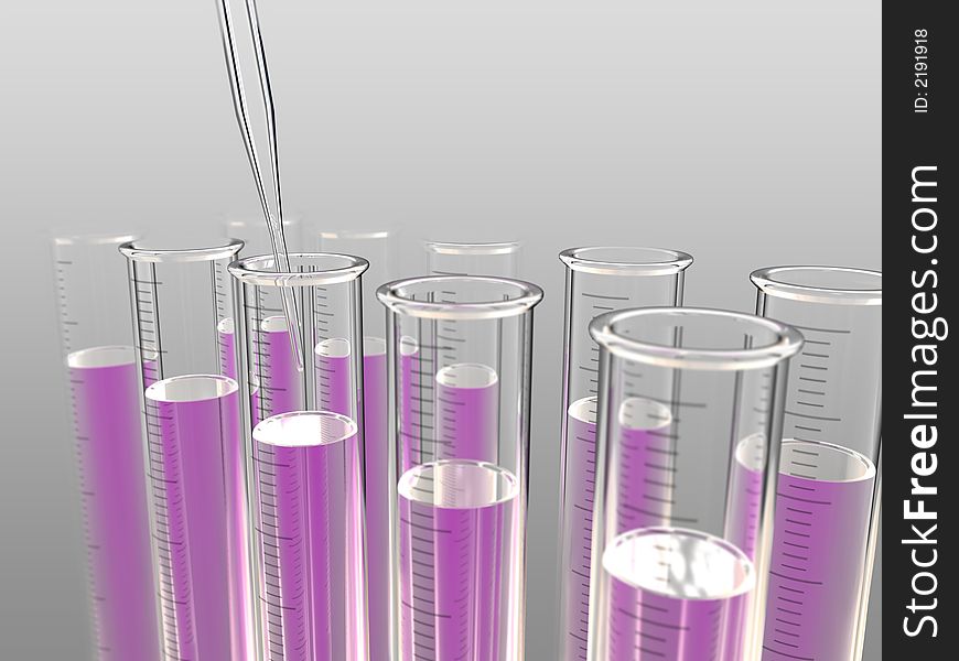 Set of analysis test tubes, filled by violet liquid