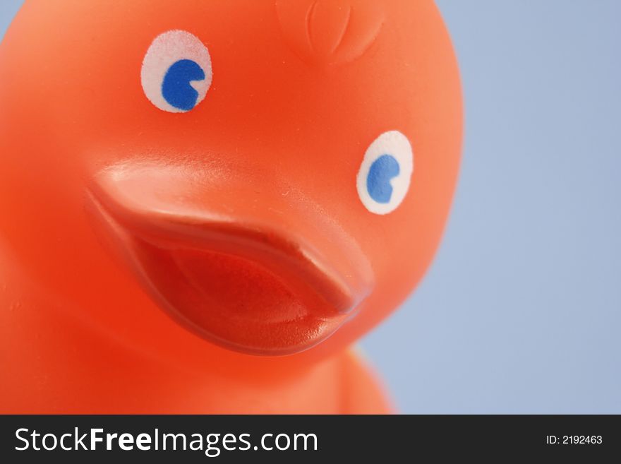 Close up of an orange rubber duck