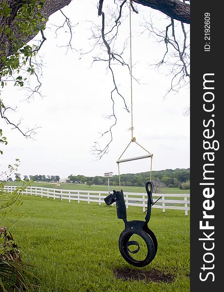 Child's tree swing with a horse shaped head on it hanging from a large tree with a large field and a white board fence in the background.