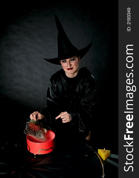 Women in witch costume point to red box. Women in witch costume point to red box