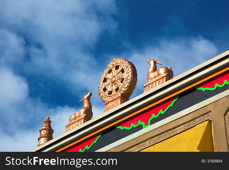A colorful Buddhist temple in a north American city.