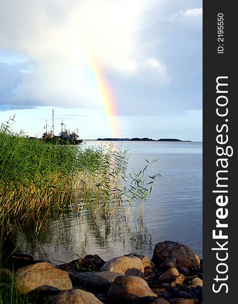 Lake Ladoga. A rainbow.