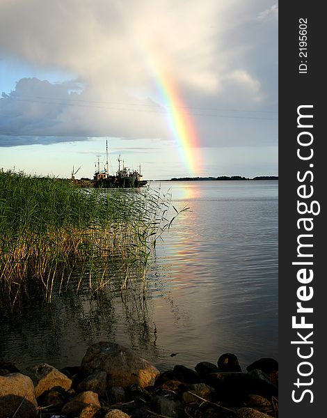 Lake Ladoga. A rainbow.