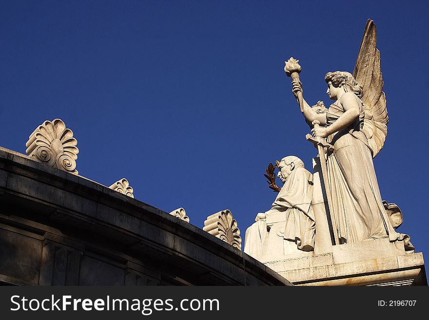 Partial and detail  view of the Hemiciclo a Juarez a marble monument in the honor of the president Benito Juarez in the Alameda city park in Mexico City, Mexico, Latin America