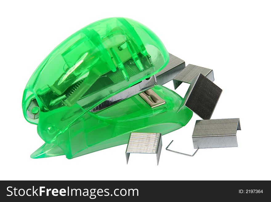 Digital photo of a green stapler.