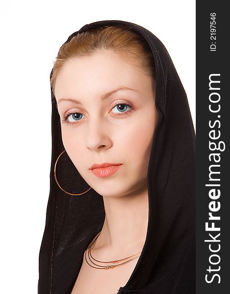 Close-ups portrait beauty girl in black hood over white