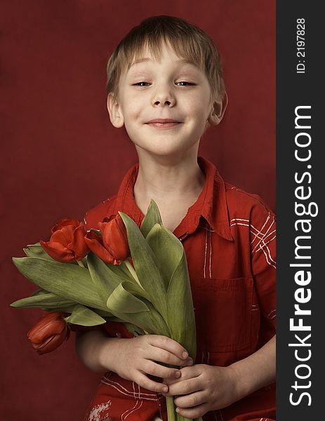 smiling boy with red tulips. smiling boy with red tulips