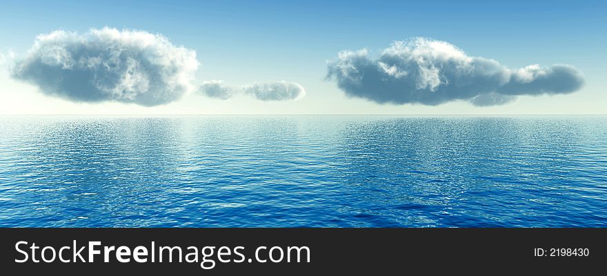 Big sky clouds over still blue water - digital artwork. Big sky clouds over still blue water - digital artwork