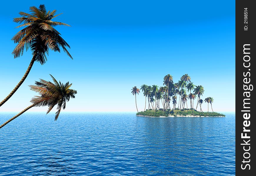 Two coconut palms and green island - 3D scene. Two coconut palms and green island - 3D scene.
