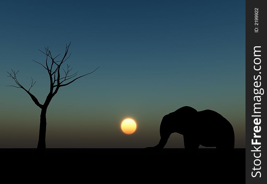 An image of an elephant silhouette with a African sky background. An image of an elephant silhouette with a African sky background.