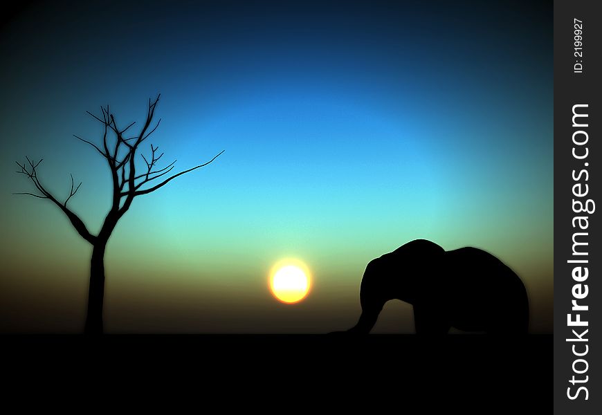 An image of an elephant silhouette with a African sky background. An image of an elephant silhouette with a African sky background.