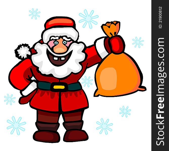 Classic smiling Santa Claus with big sack with gifts