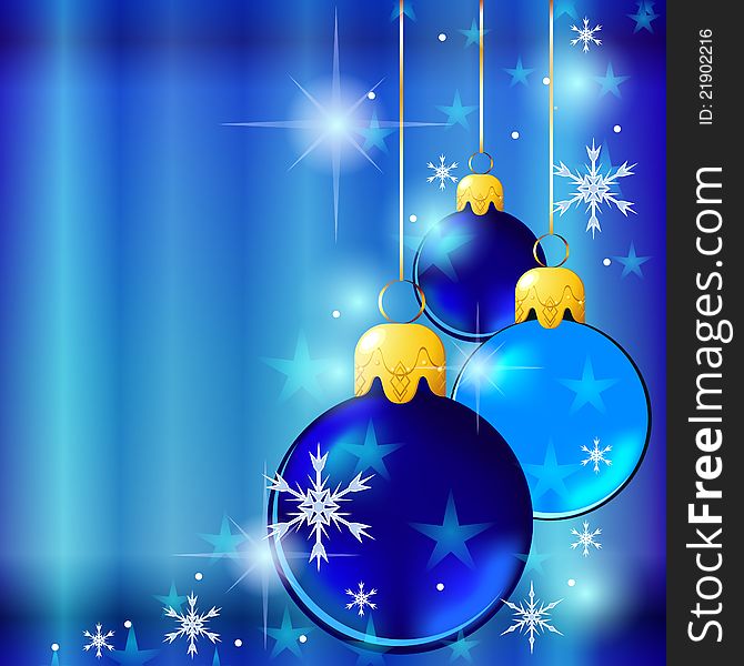 Holiday blue card with shiny Christmas balls and stars. Holiday blue card with shiny Christmas balls and stars