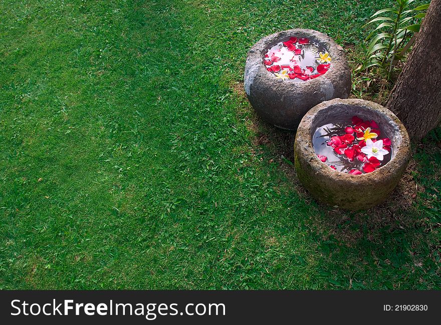 Garden ornament with flowers on Bali. Garden ornament with flowers on Bali