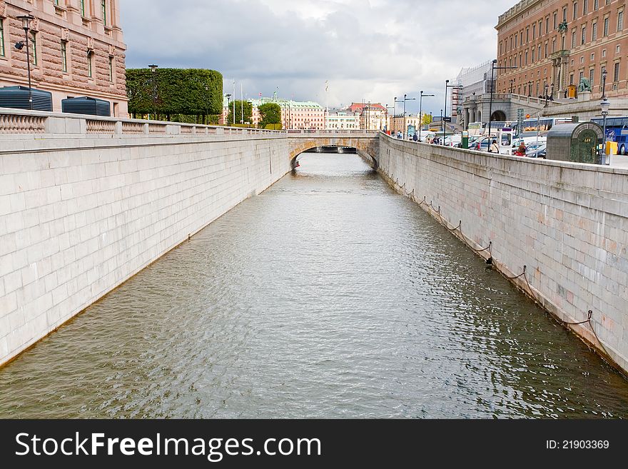 Urban water canal and bridge in Stockholm, Sweden