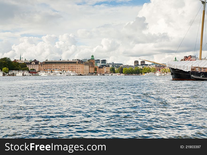 Panorama of Stockholm, Sweden from sea side in autumn day