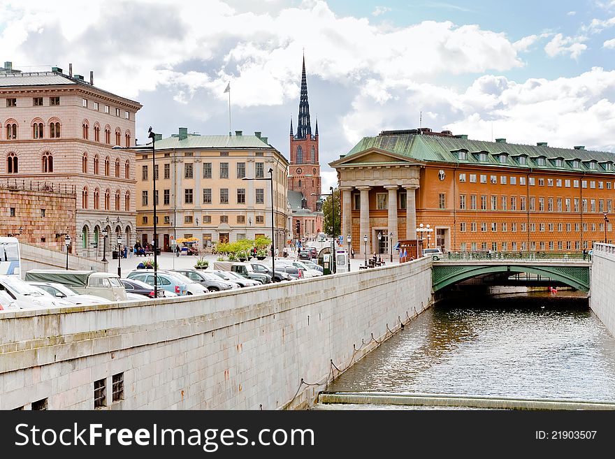 Urban water canal and bridge in Stockholm, Sweden